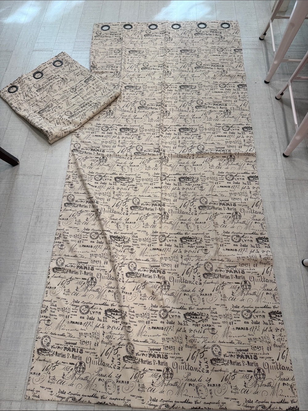 Neutral Parisian Style Script Printed Curtain Panel - Beige with Black Script